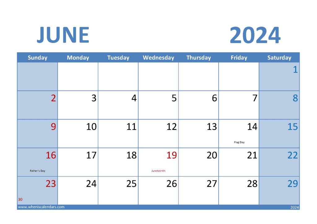 Download free June Calendar 2024 with Holidays printable A4 in horizontal landscape