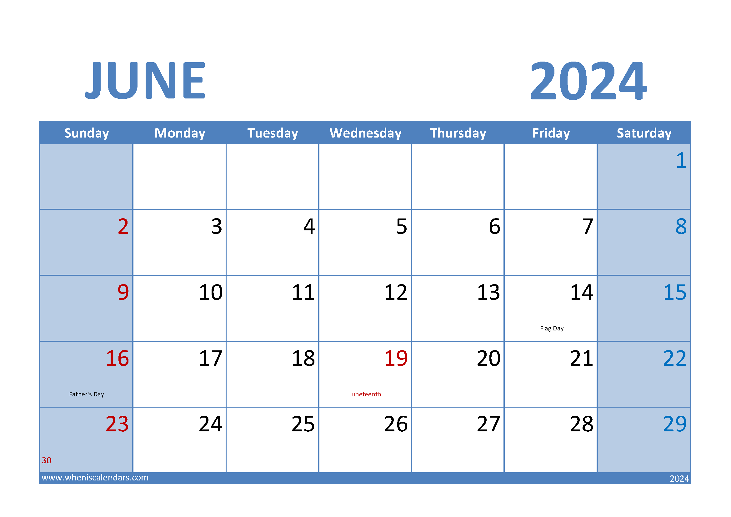 June 2024 month Printable Monthly Calendar