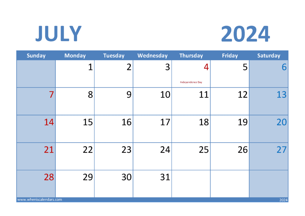 Download free July Calendar 2024 with Holidays printable A4 in horizontal landscape