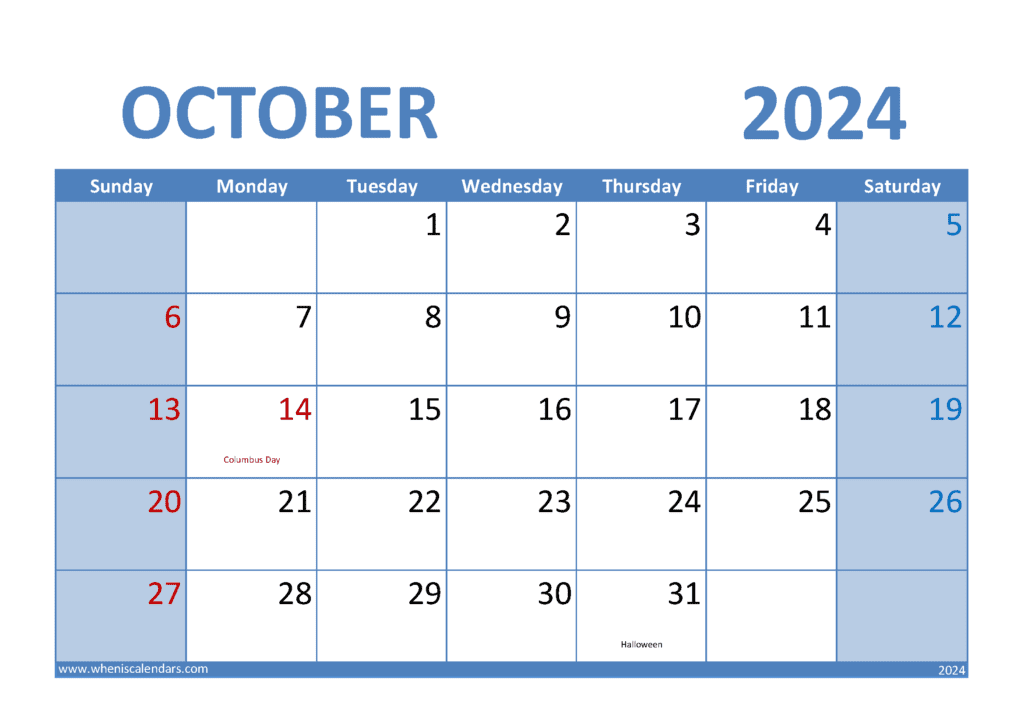 Download free October Calendar 2024 with Holidays printable A4 in horizontal landscape