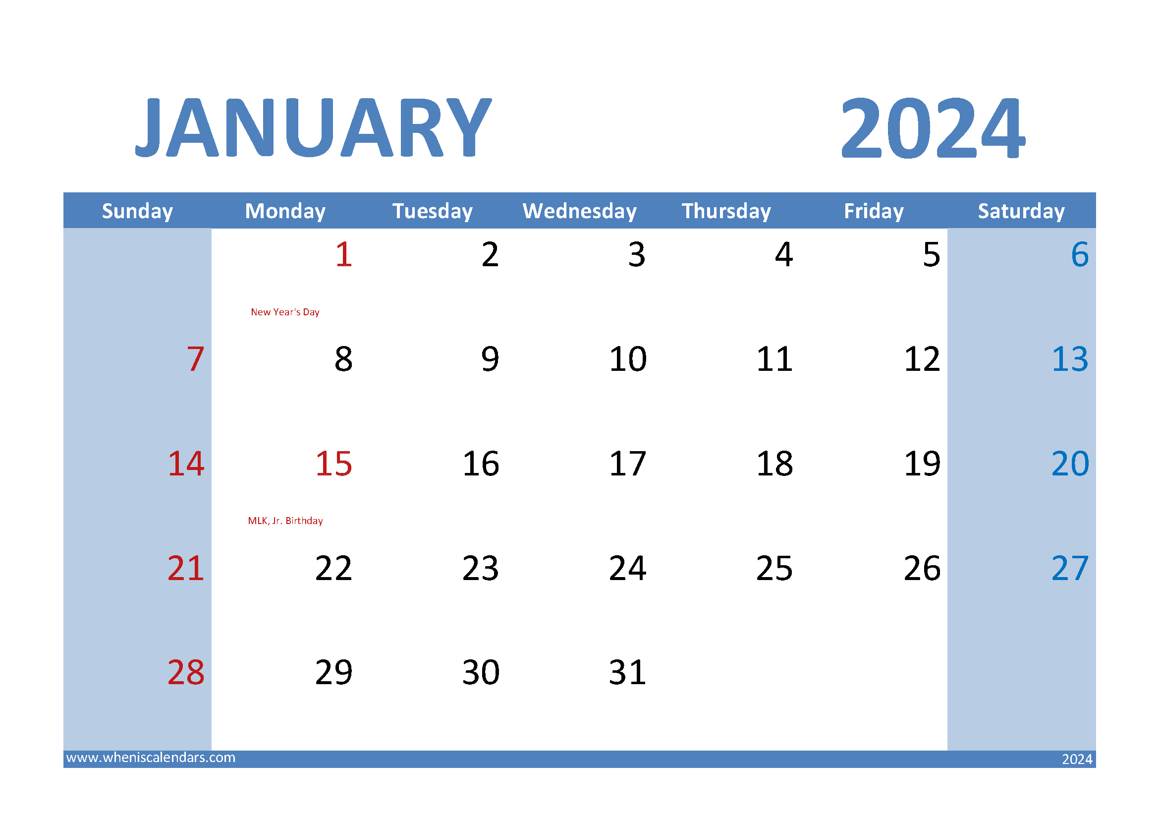 January 2024 Calendar landscape Monthly Calendar
