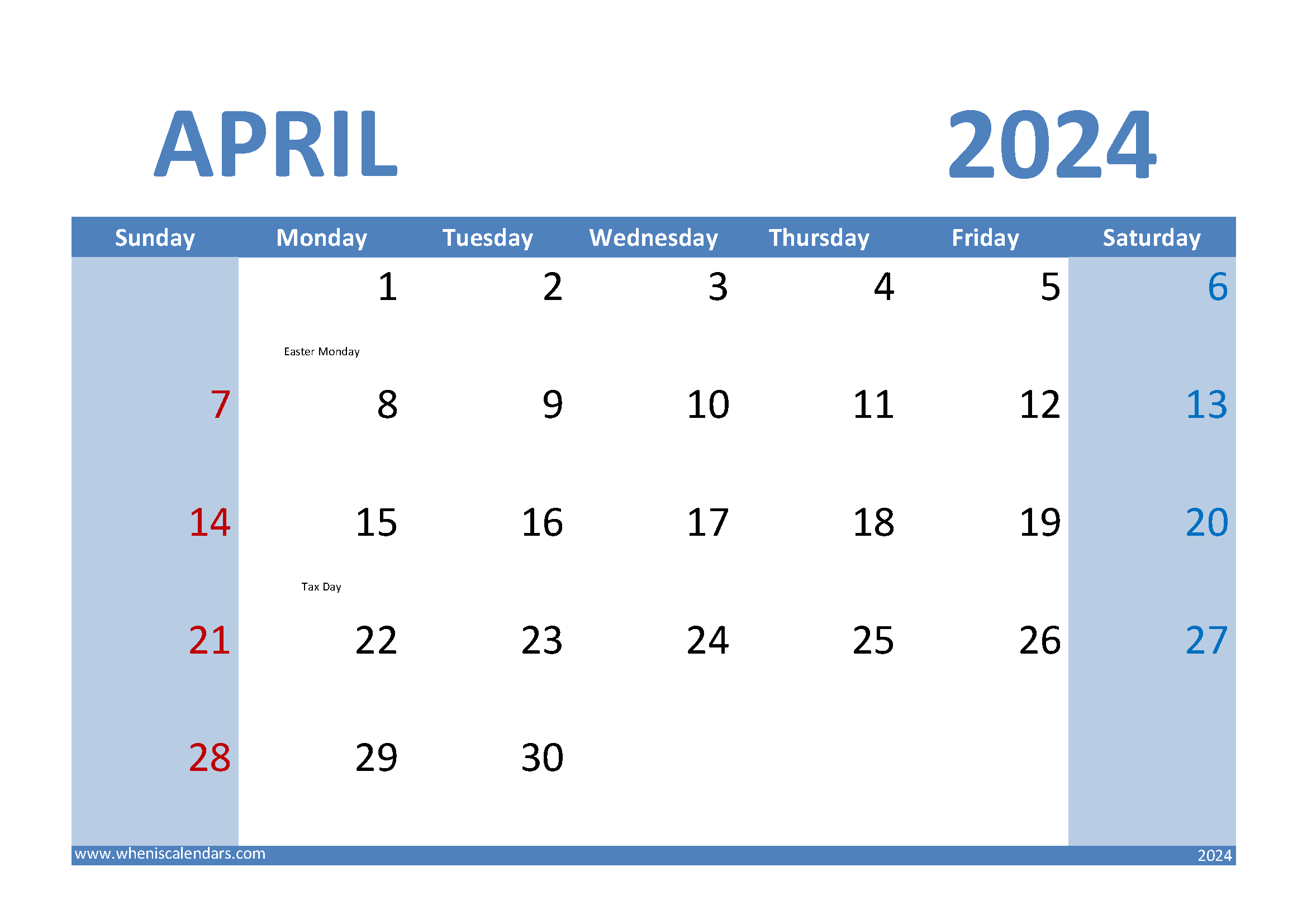 April 2024 Calendar landscape A44010