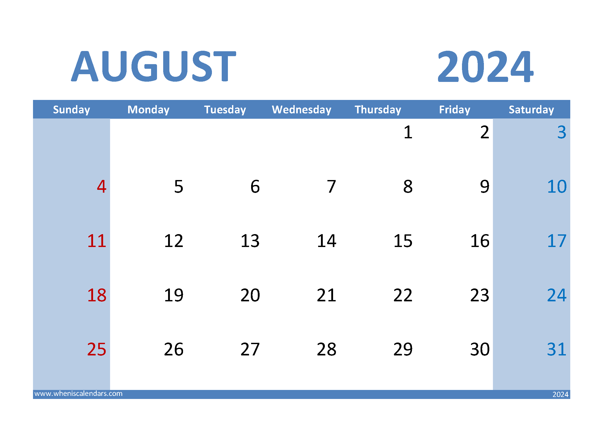 August 2024 Calendar landscape Monthly Calendar