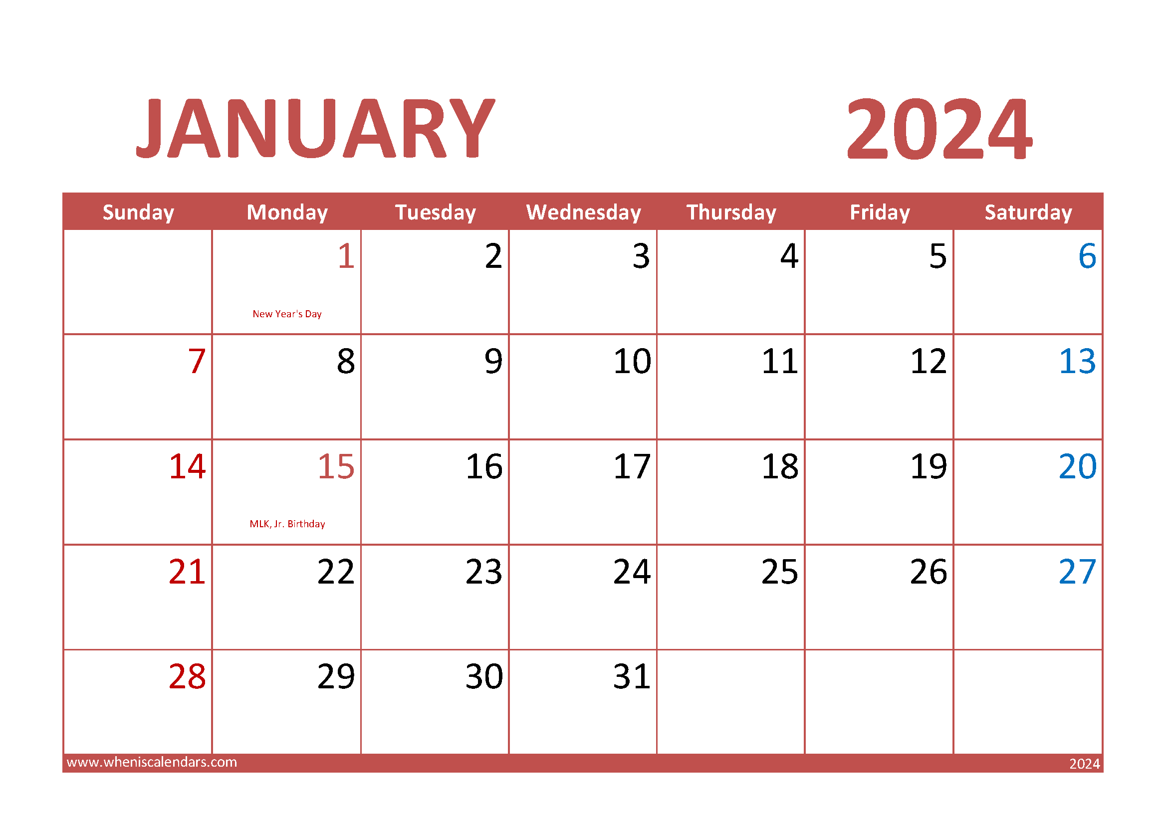 January 2024 Printable Calendar Monthly Calendar