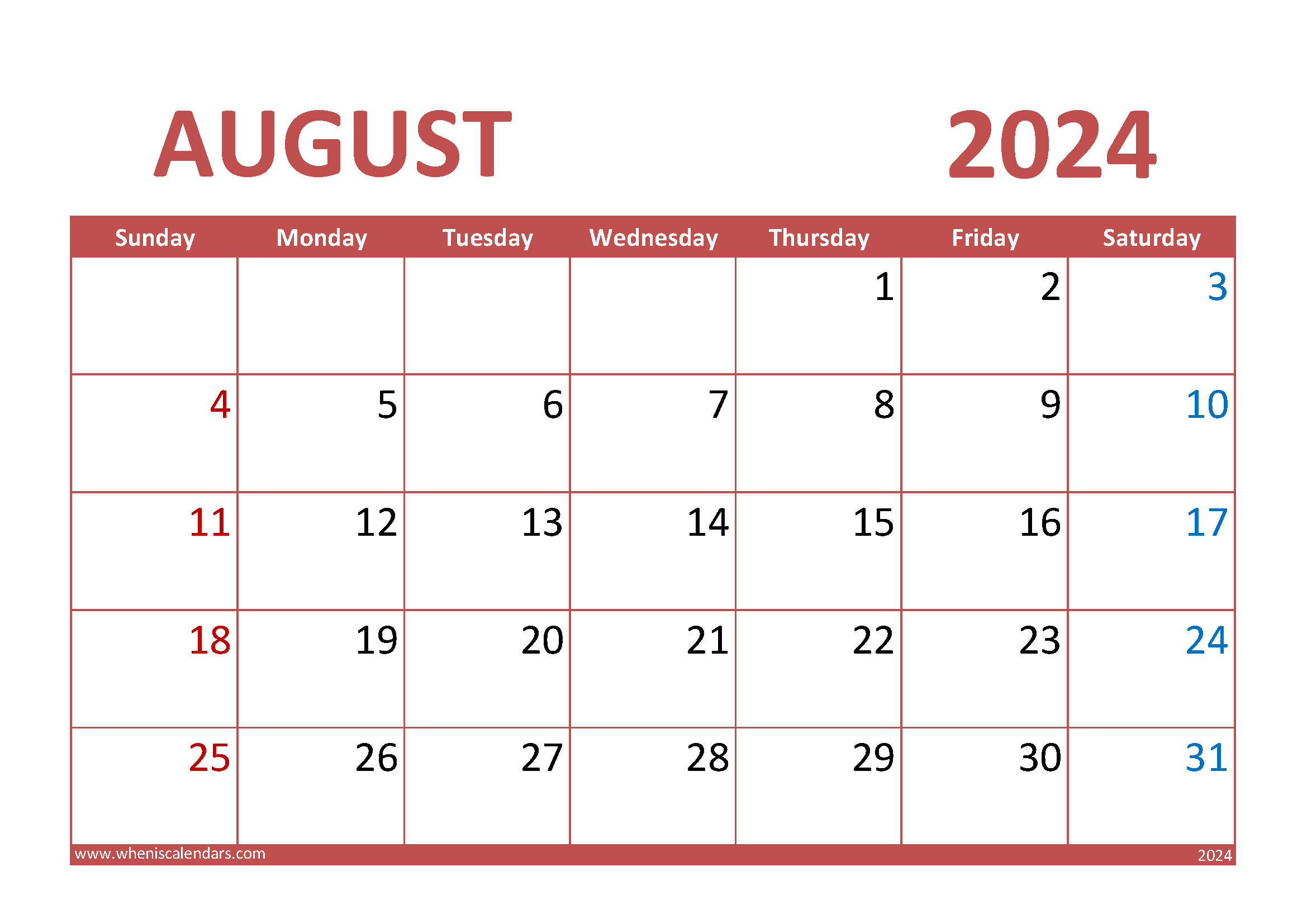 August 2024 Printable Calendar Monthly Calendar