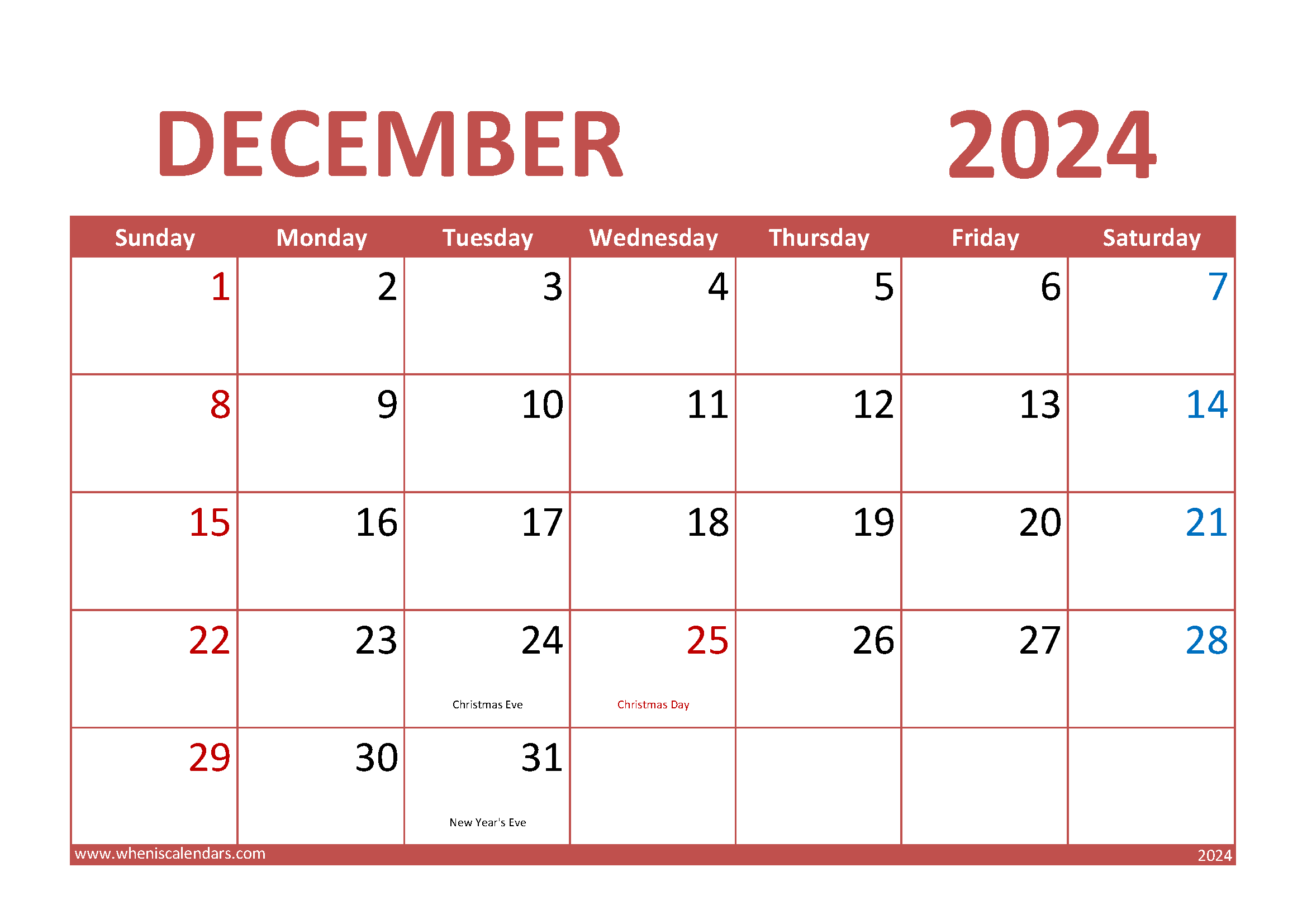 December 2024 Printable Calendar Monthly Calendar