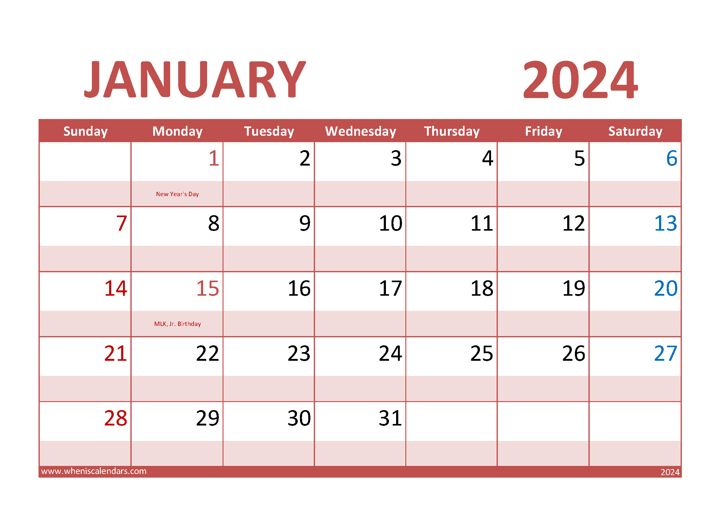 Download large print January 2024 Calendar A4 Horizontal J4292