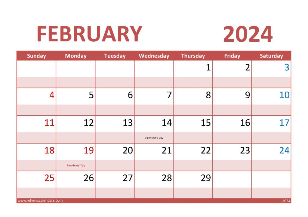 Download free February Calendar 2024 with Holidays printable A4 in horizontal landscape