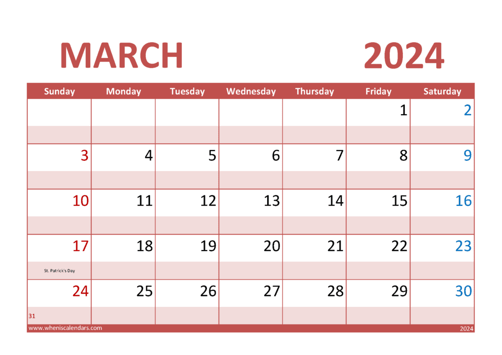Download large print March 2024 Calendar A4 Horizontal M34292