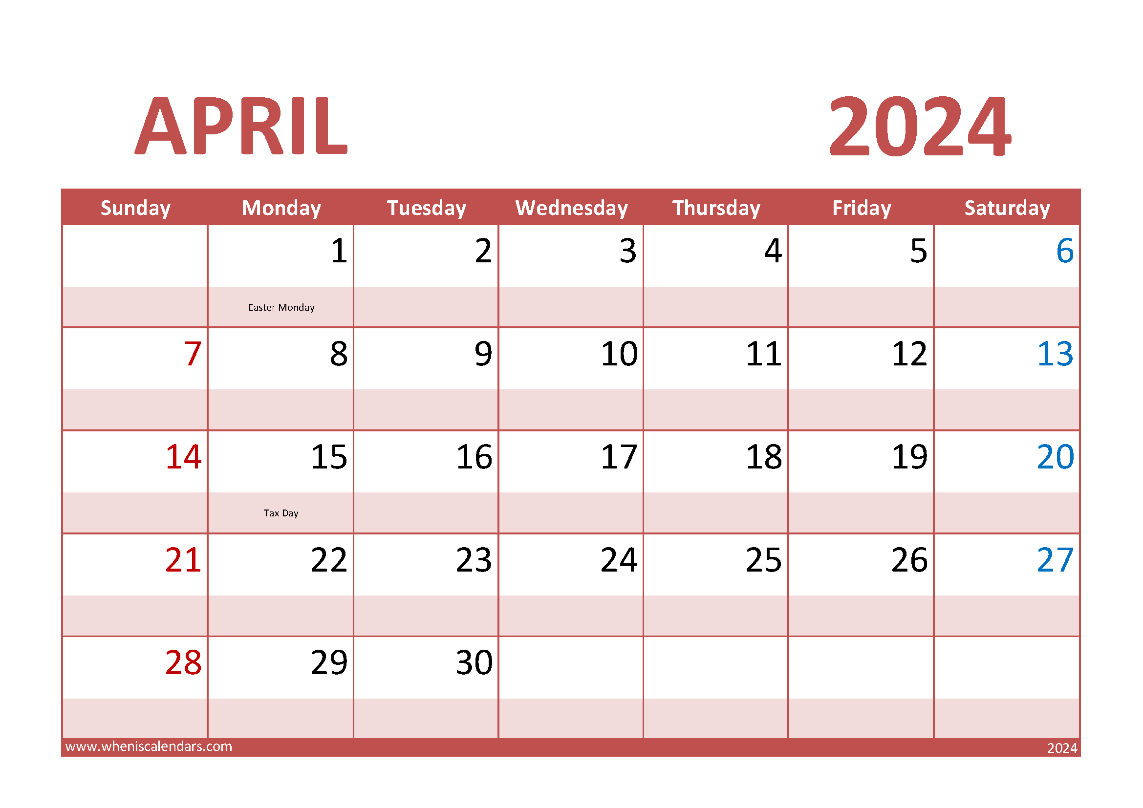 April Calendar 2024 Printable A44012