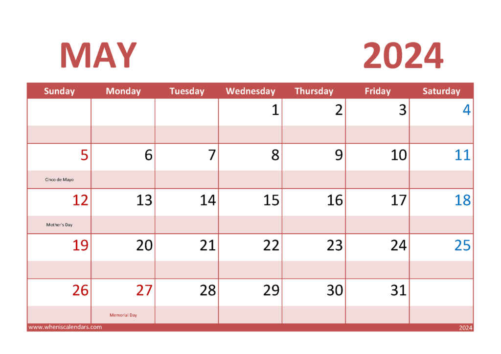 Download free May Calendar 2024 with Holidays printable A4 in horizontal landscape