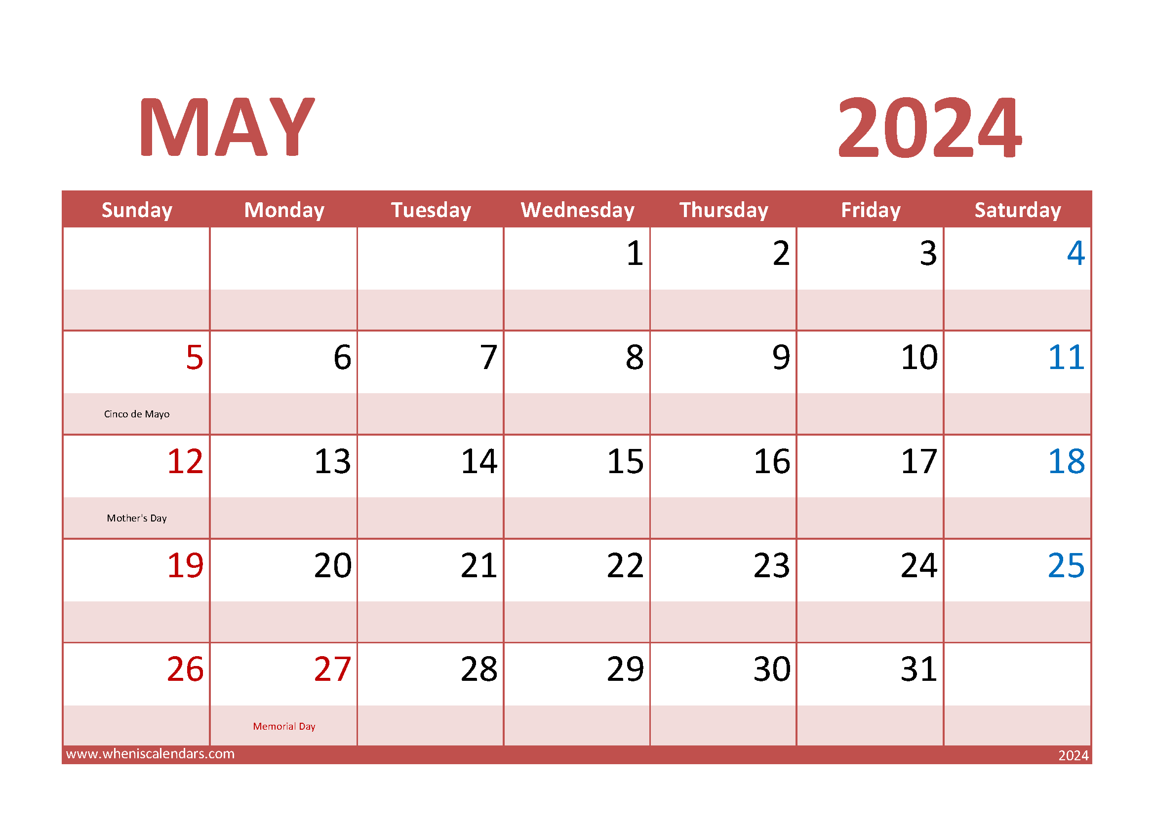 May Calendar 2024 printable M54012