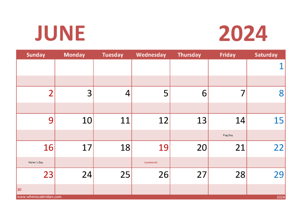 June Calendar 2024 Printable J64012