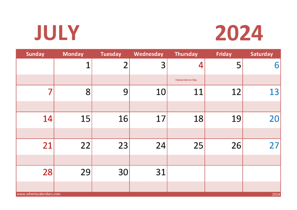 Download free July Calendar 2024 with Holidays printable A4 in horizontal landscape