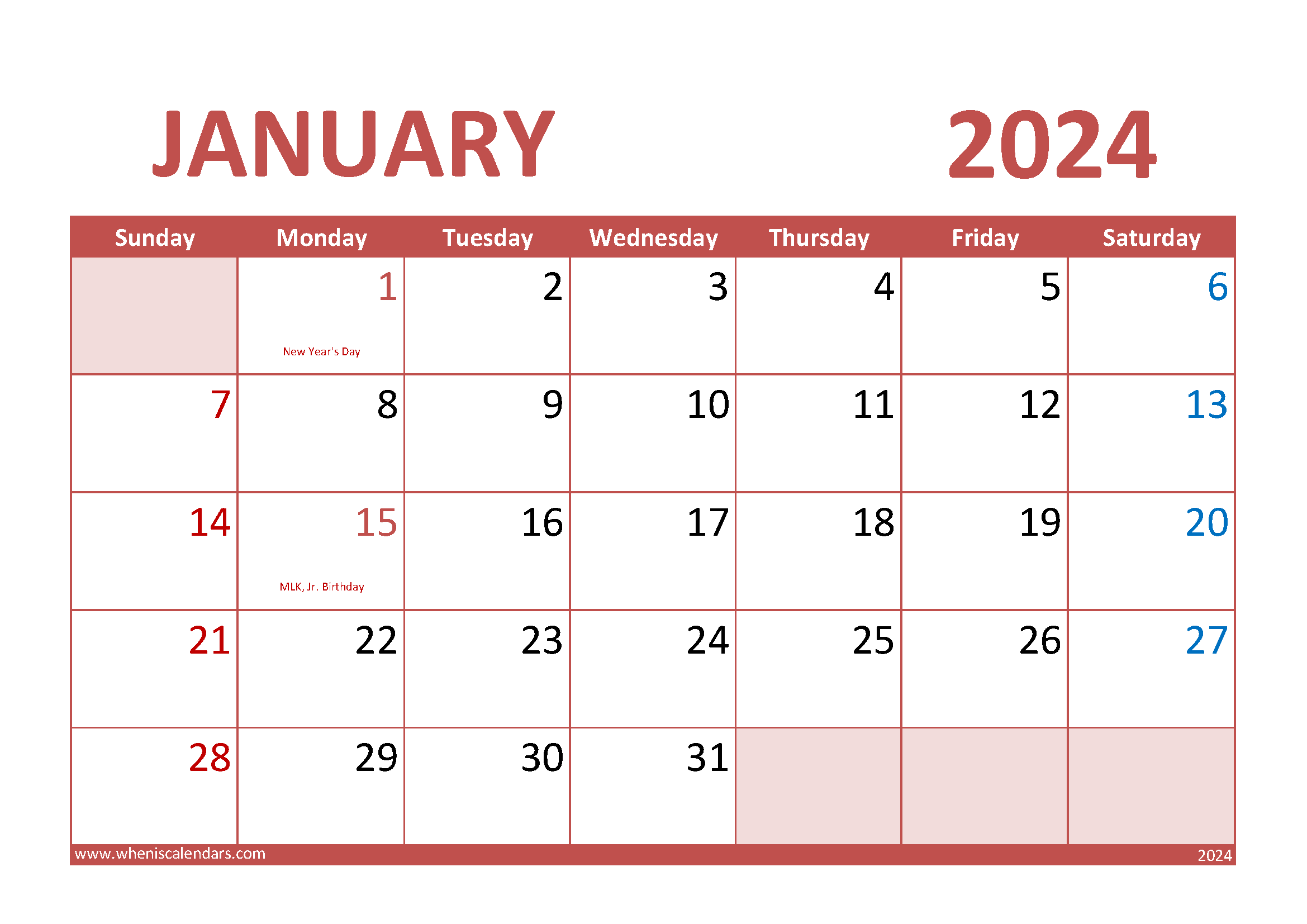 special days in January 2024 Monthly Calendar