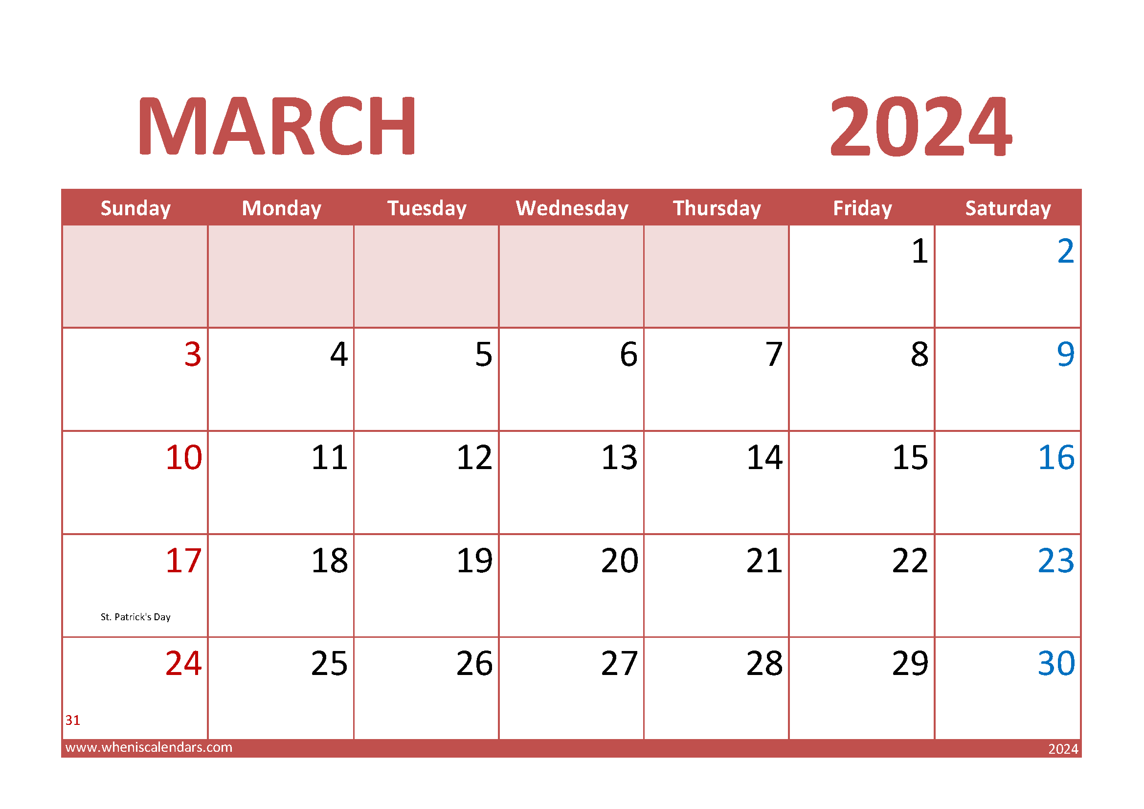 special days in March 2024 Monthly Calendar
