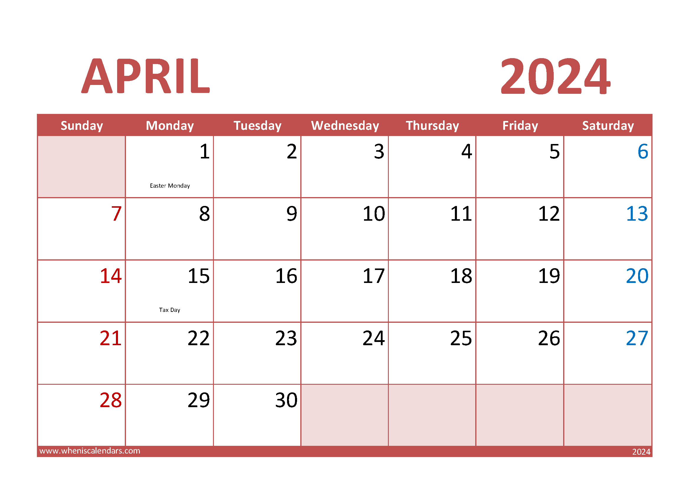 Calendar April 2024 printable Free A44293