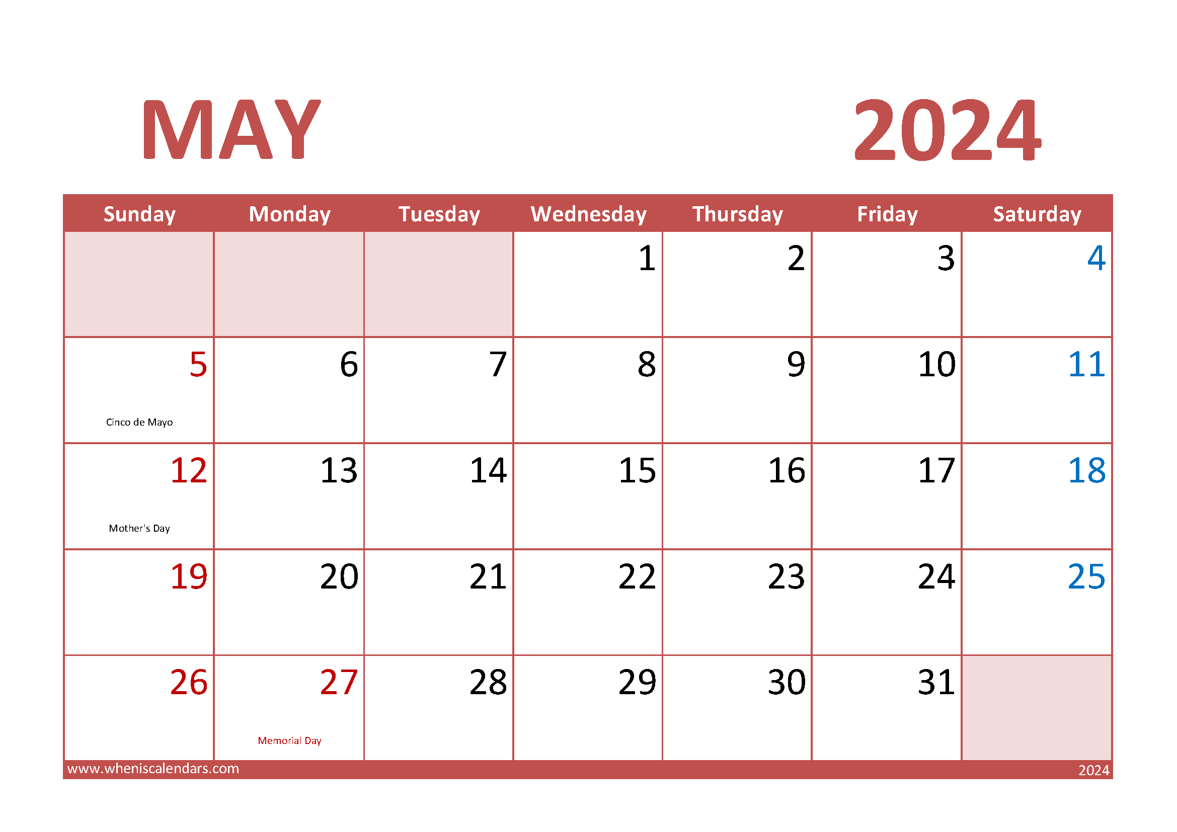 Calendar May 2024 Printable Free Monthly Calendar