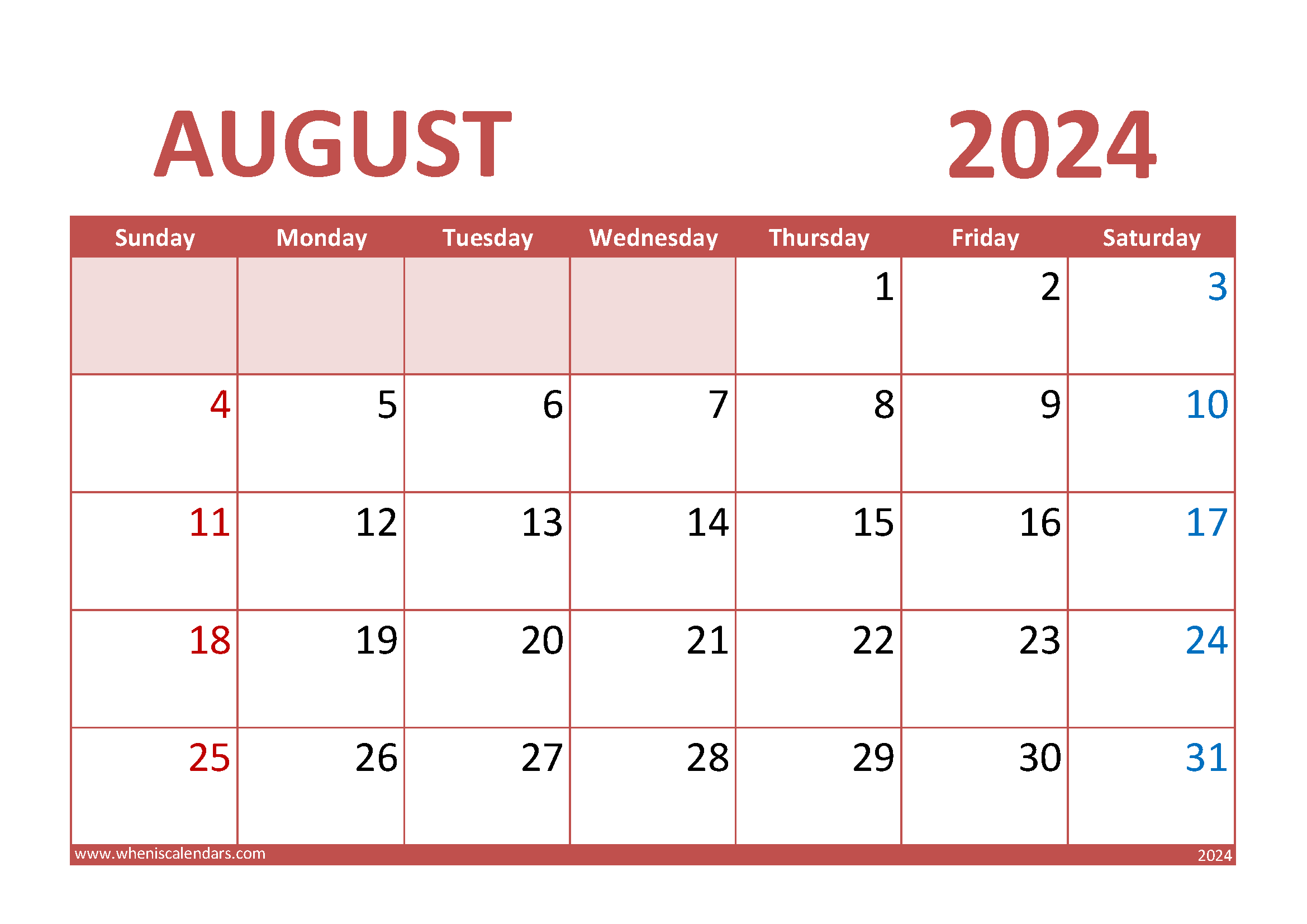 special days in August 2024 Monthly Calendar