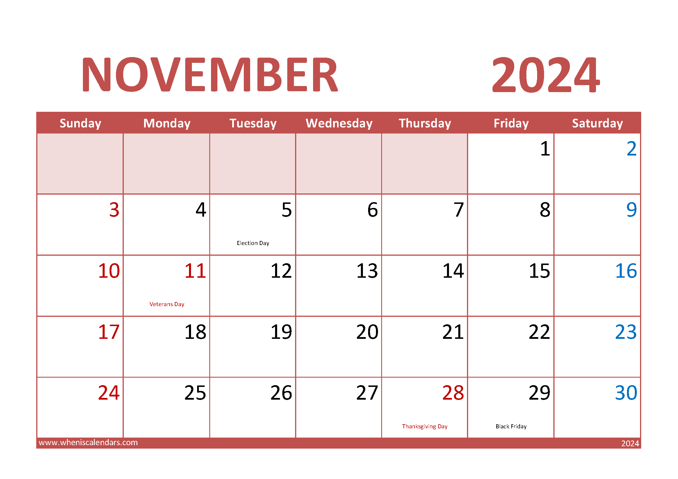 Calendar November 2024 Printable Free Monthly Calendar