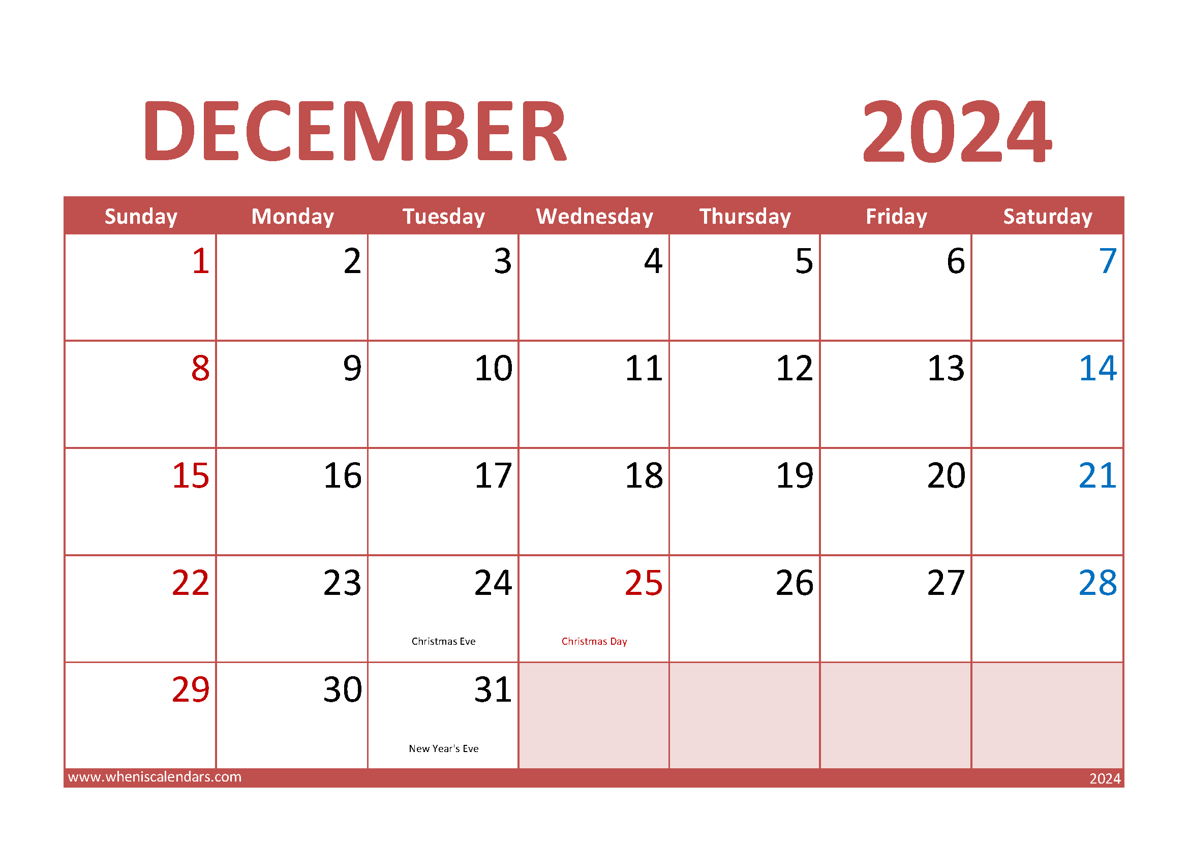 special days in December 2024 Monthly Calendar