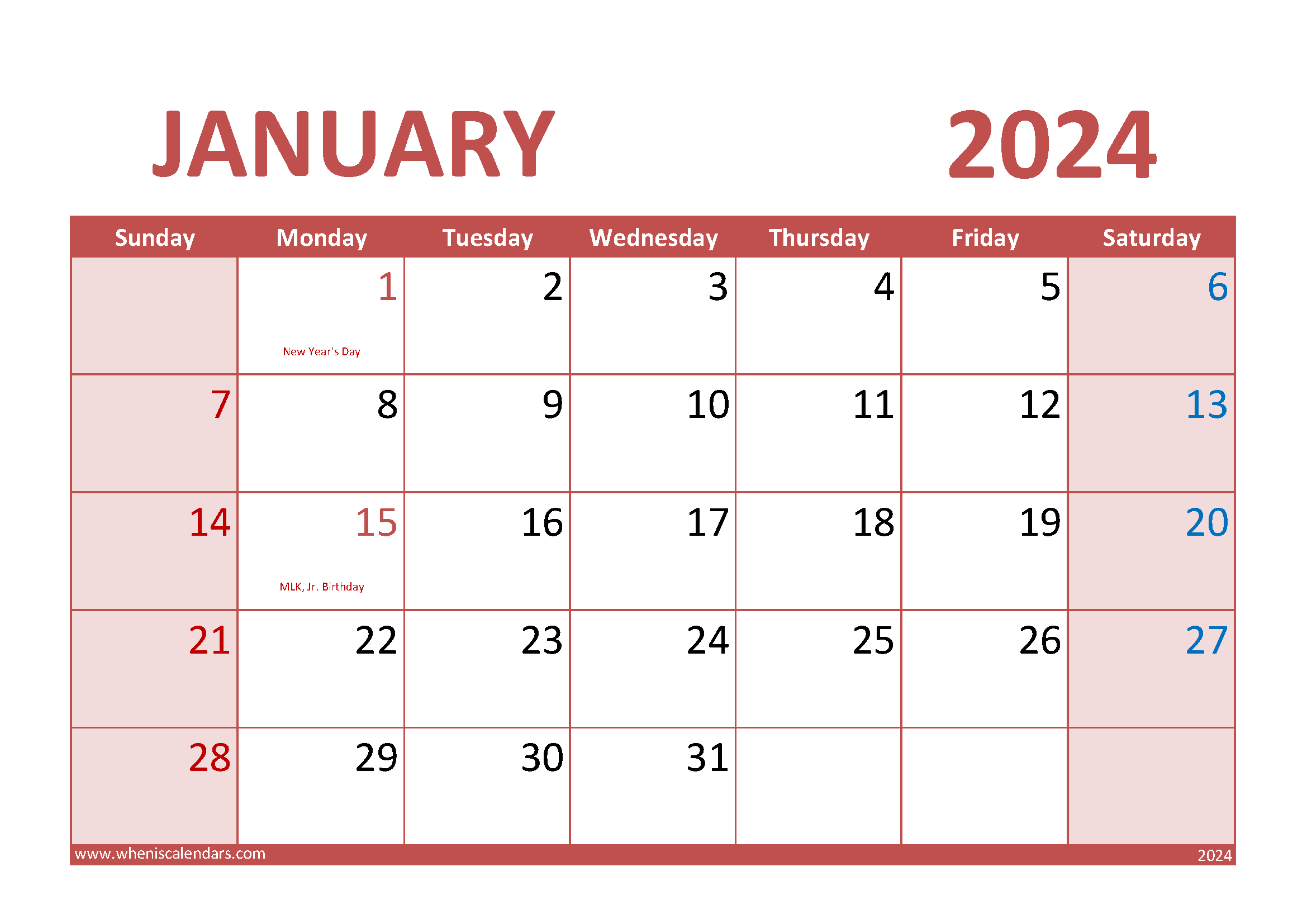 January Blank Calendar Template 2024 Monthly Calendar
