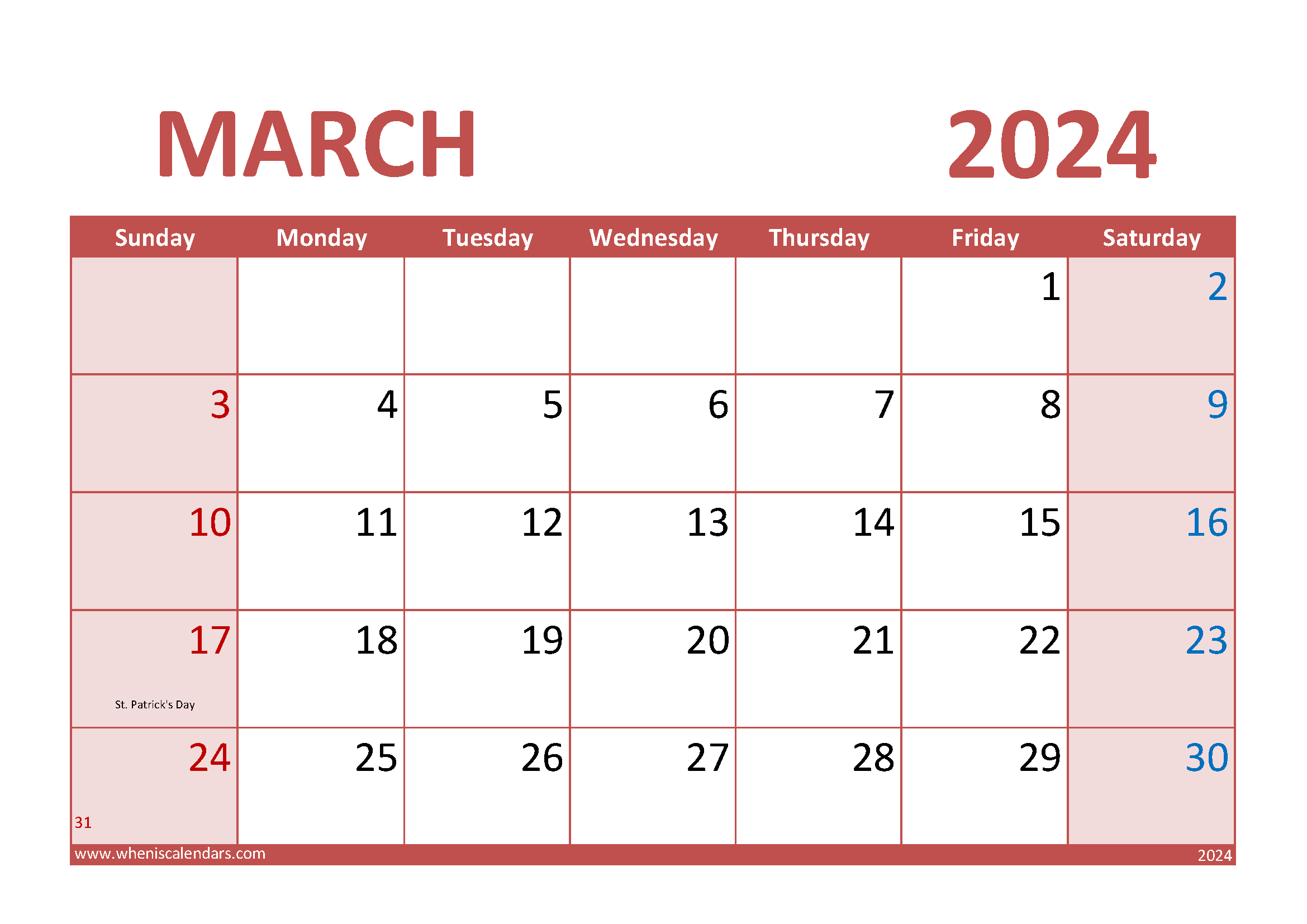 Free Printable March 2024 Calendar Monthly Calendar