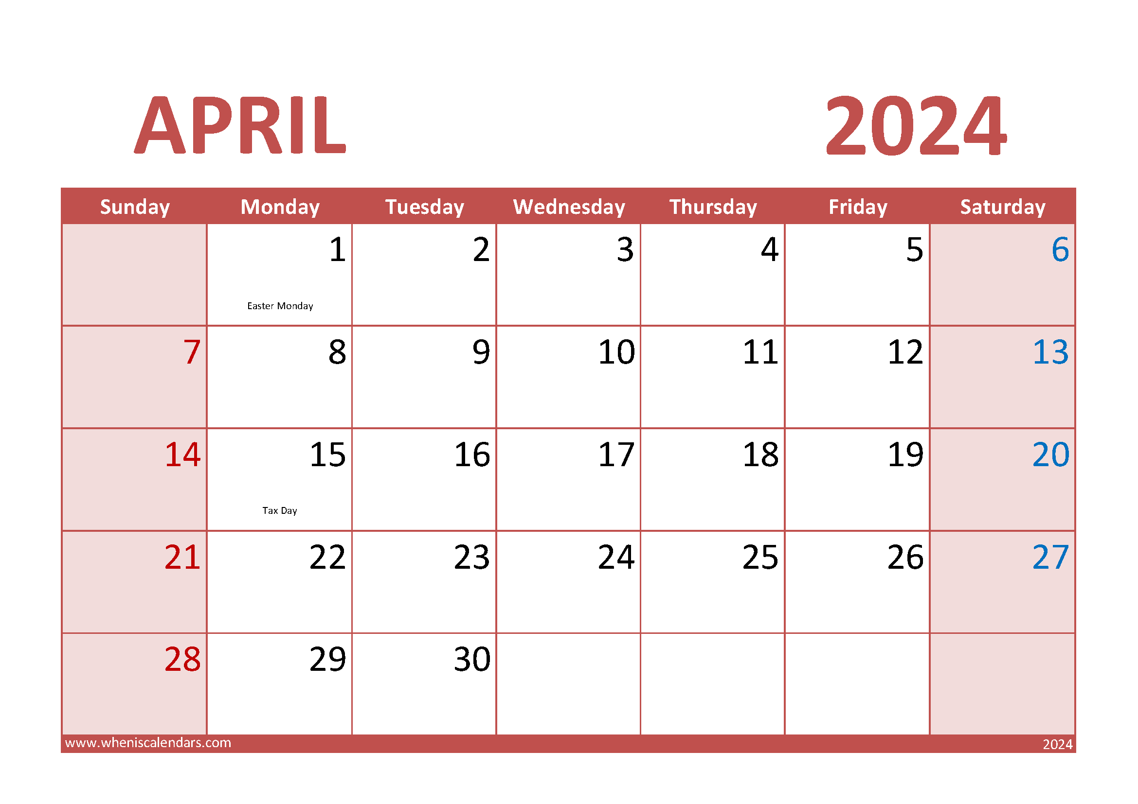 April Blank Calendar Template 2024 Monthly Calendar