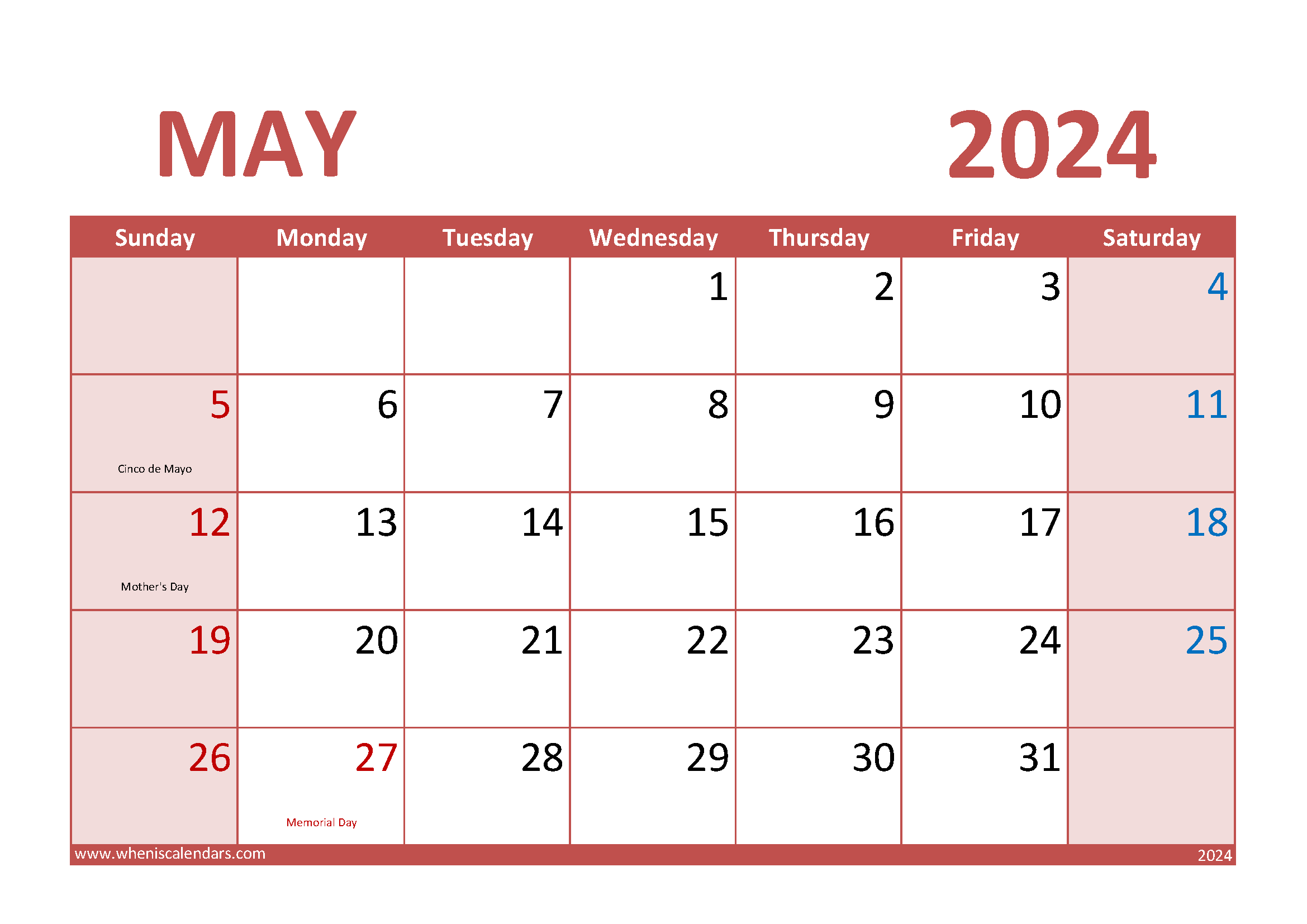 May Blank Calendar template 2024 M54294