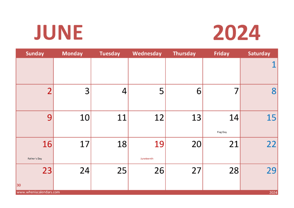 Download June Blank Calendar Template 2024 A4 Horizontal J64294