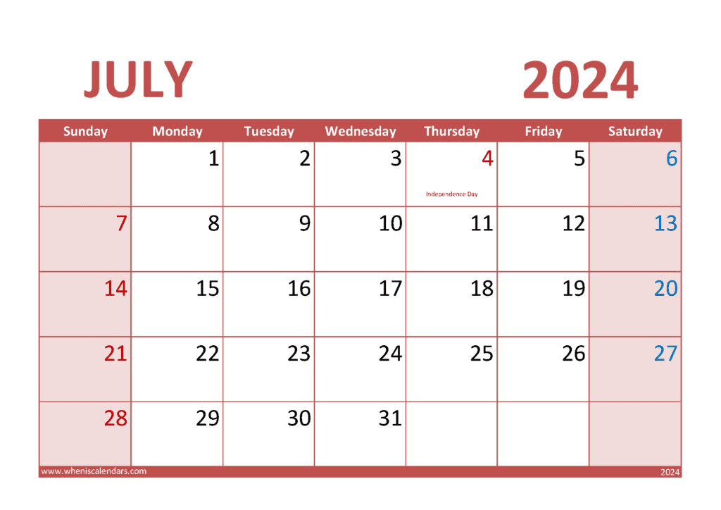Download July Blank Calendar Template 2024 A4 Horizontal J74294