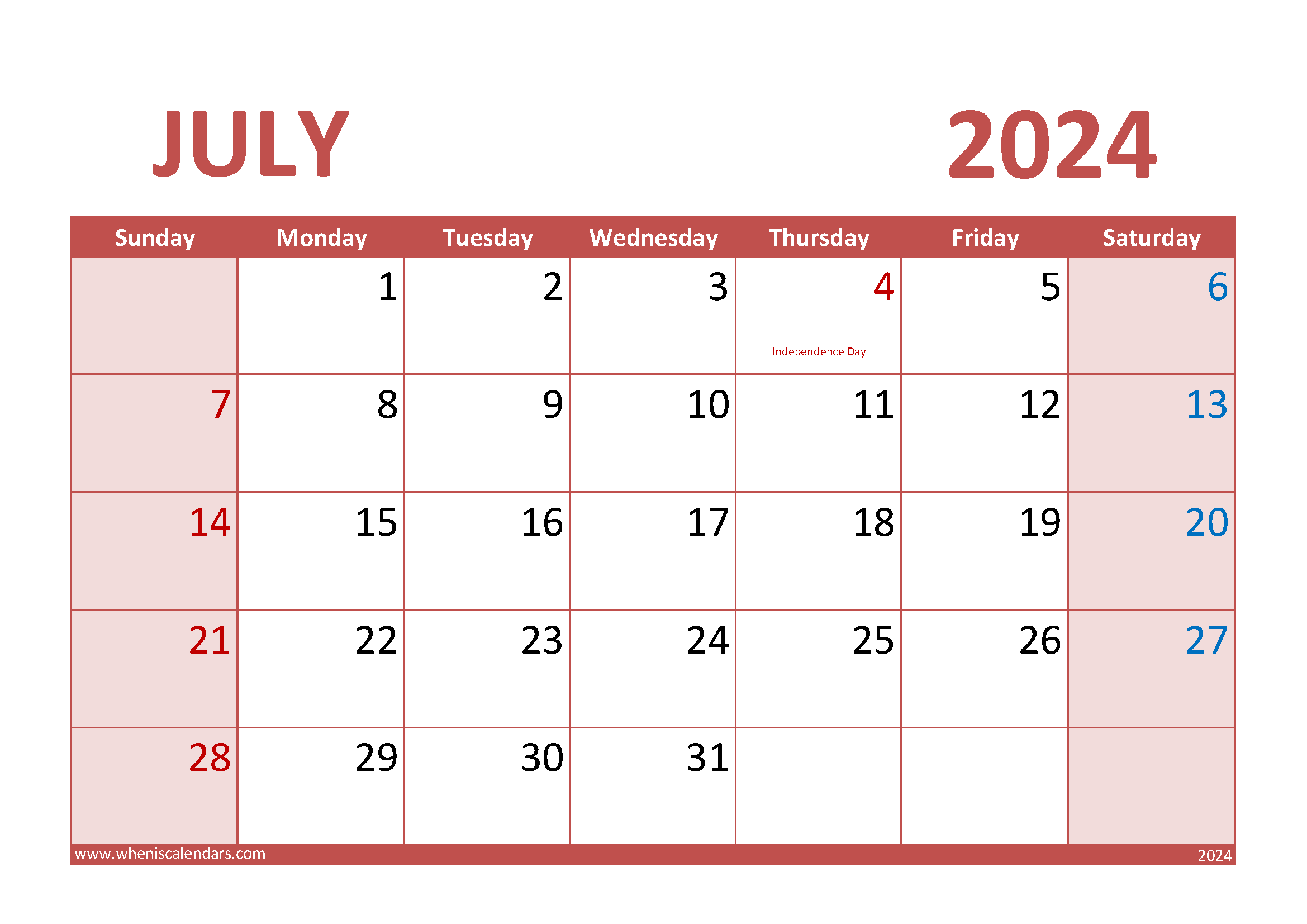July Blank Calendar Template 2024 Monthly Calendar