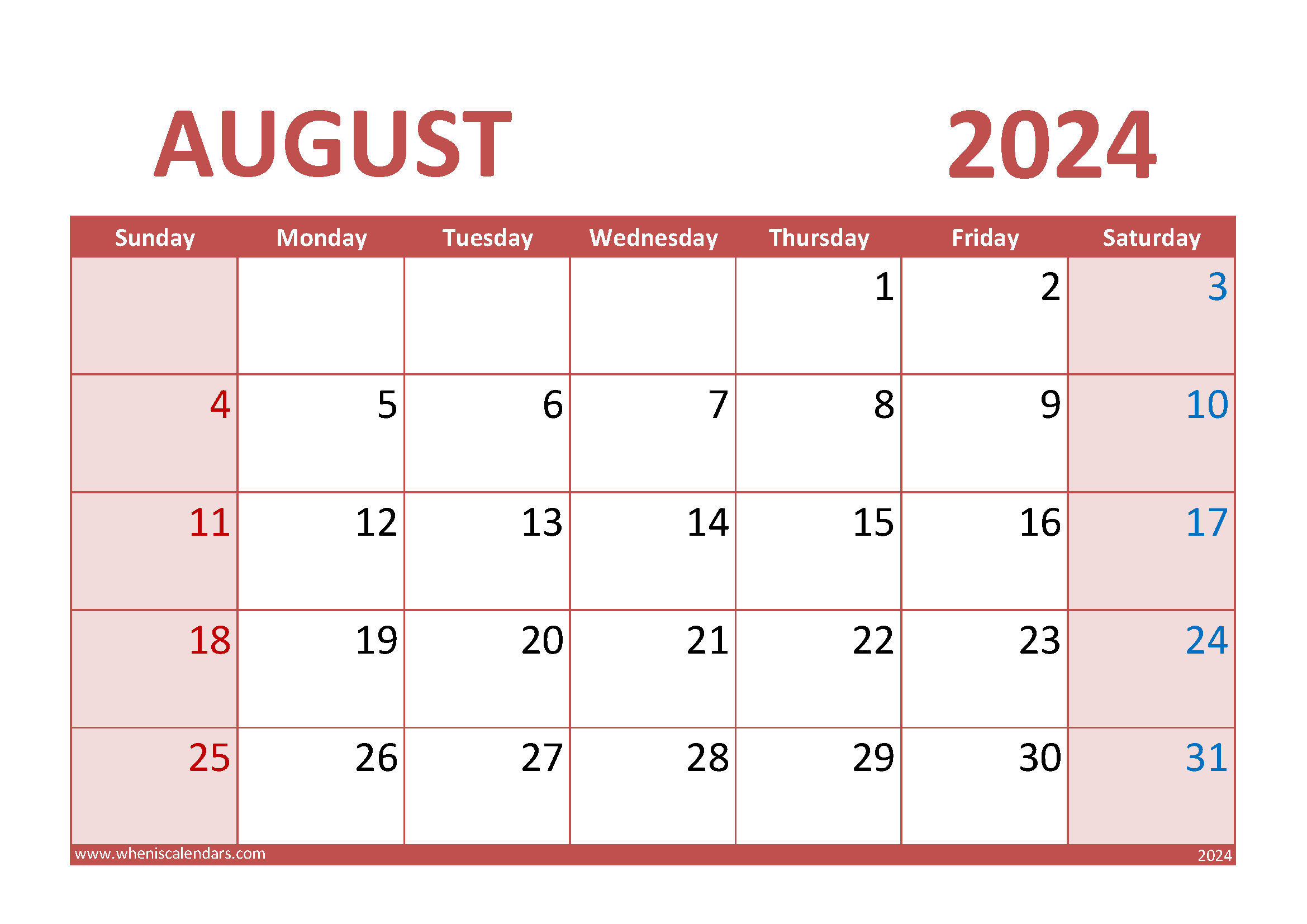 August Blank Calendar Template 2024 Monthly Calendar