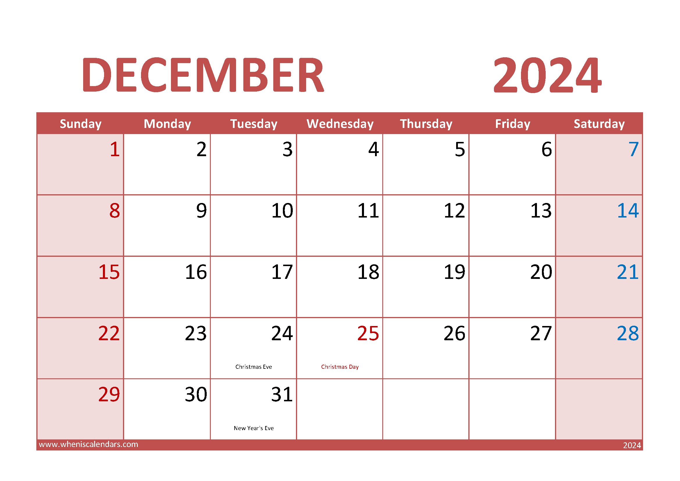 Free Printable December 2024 Calendar Monthly Calendar