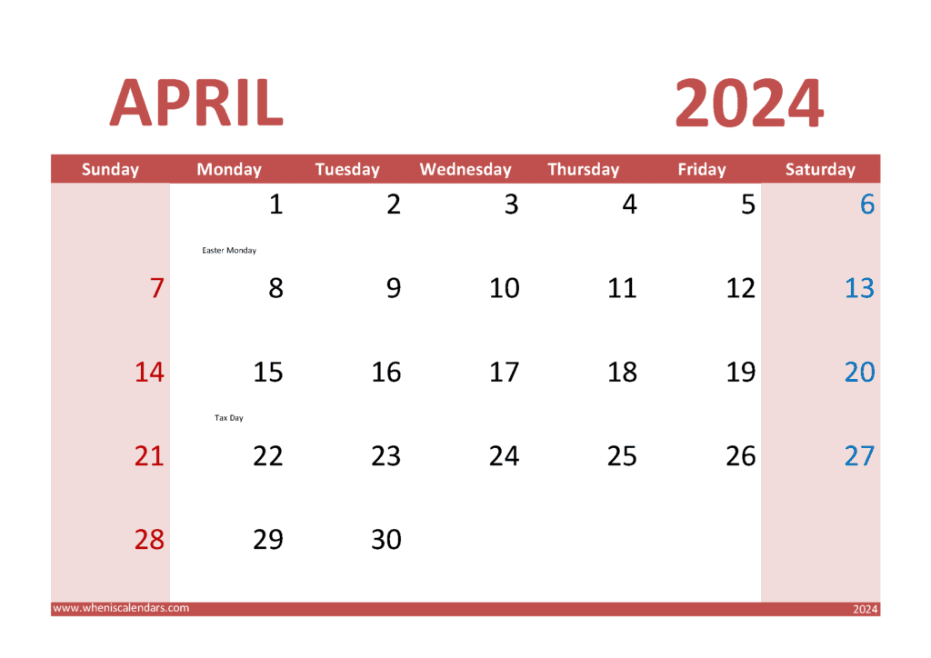Download free April Calendar 2024 with Holidays printable A4 in horizontal landscape