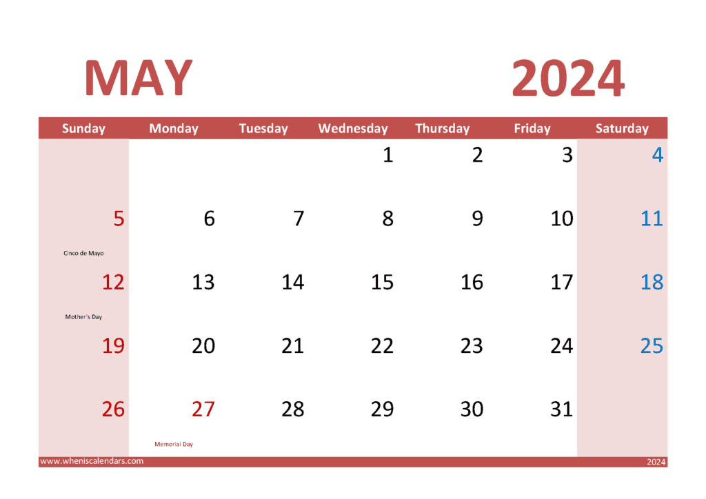 Download free May Calendar 2024 with Holidays printable A4 in horizontal landscape
