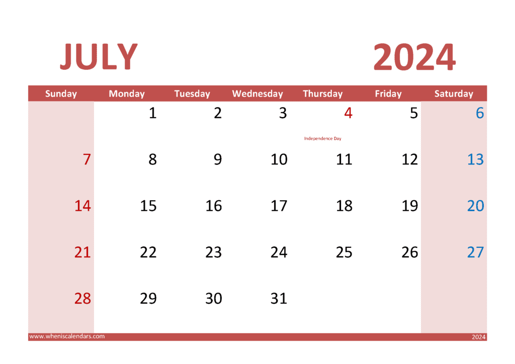 Download planner July 2024 pdf A4 Horizontal J74295
