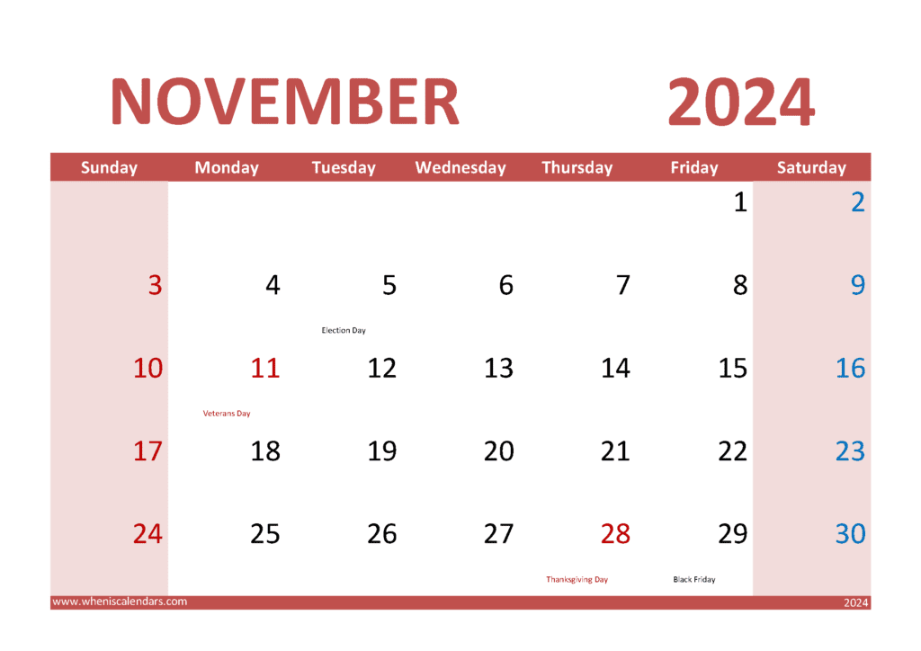 Download free November Calendar 2024 with Holidays printable A4 in horizontal landscape