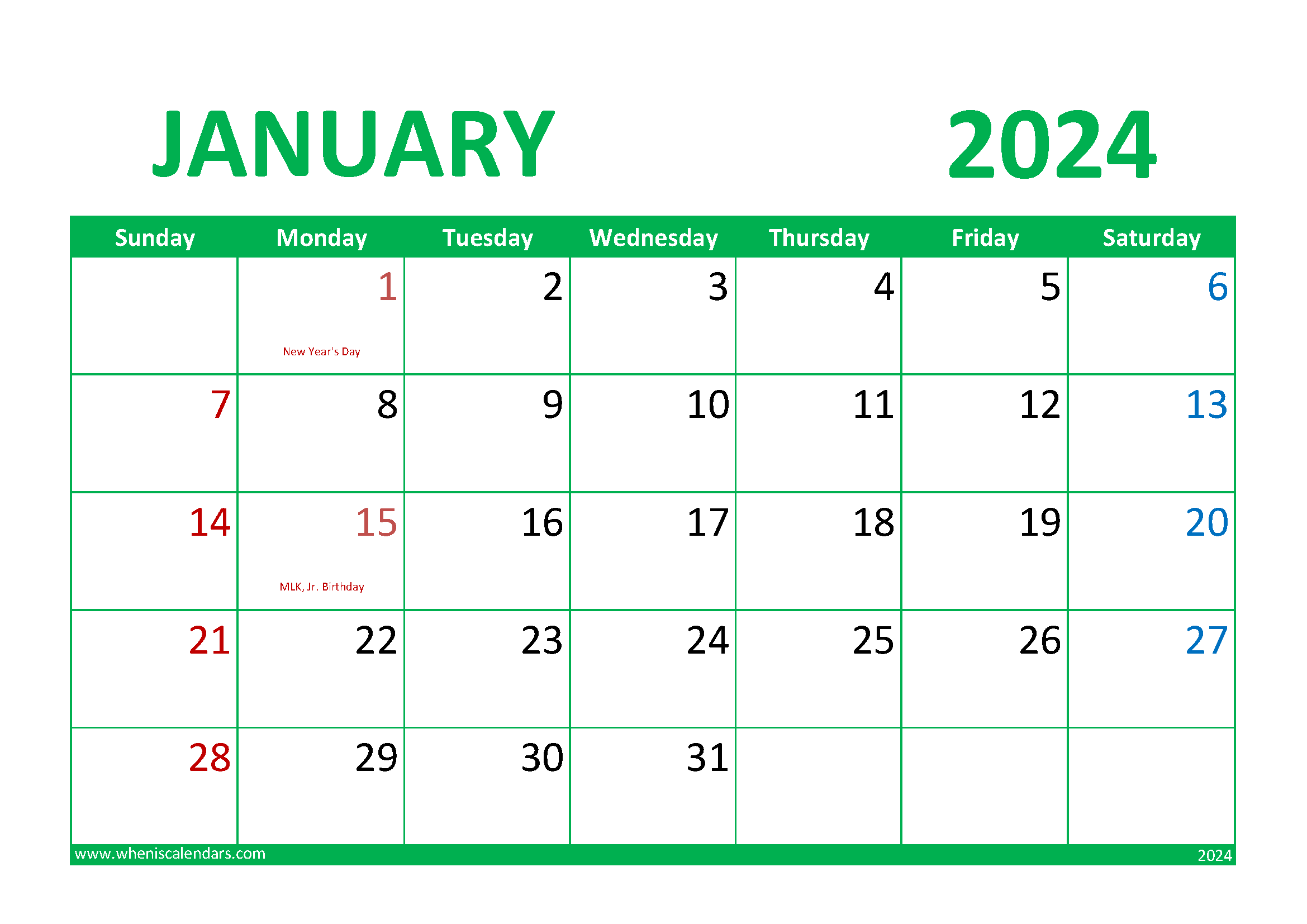 Download January print Calendar 2024 A4 Horizontal J4296