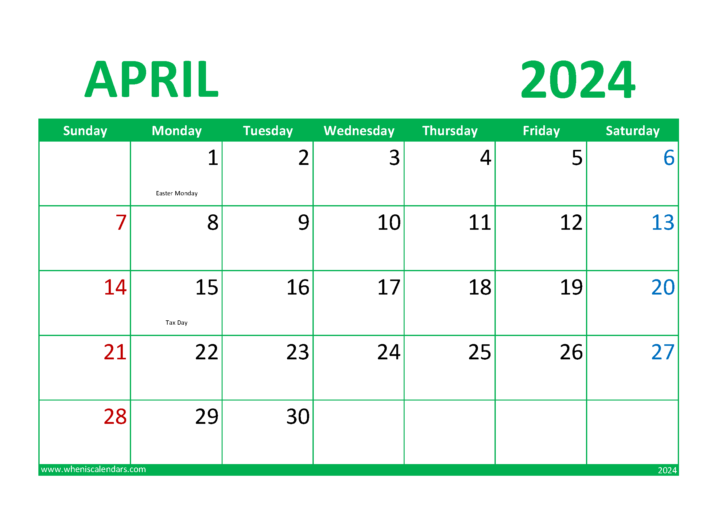 April 2024 Calendar printable Free A44016