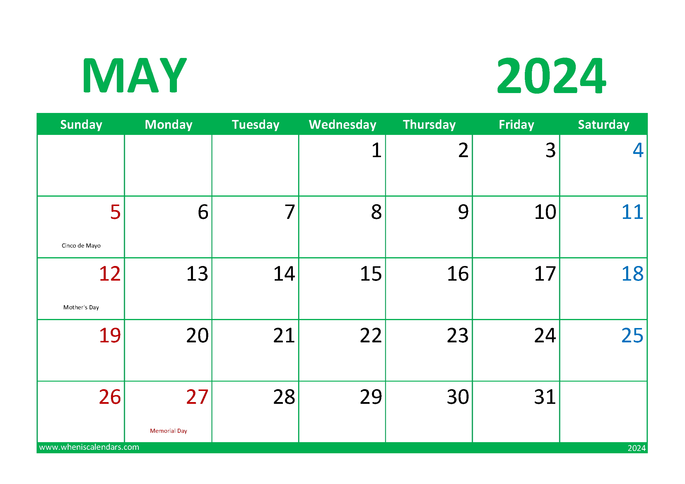 May print Calendar 2024 Monthly Calendar