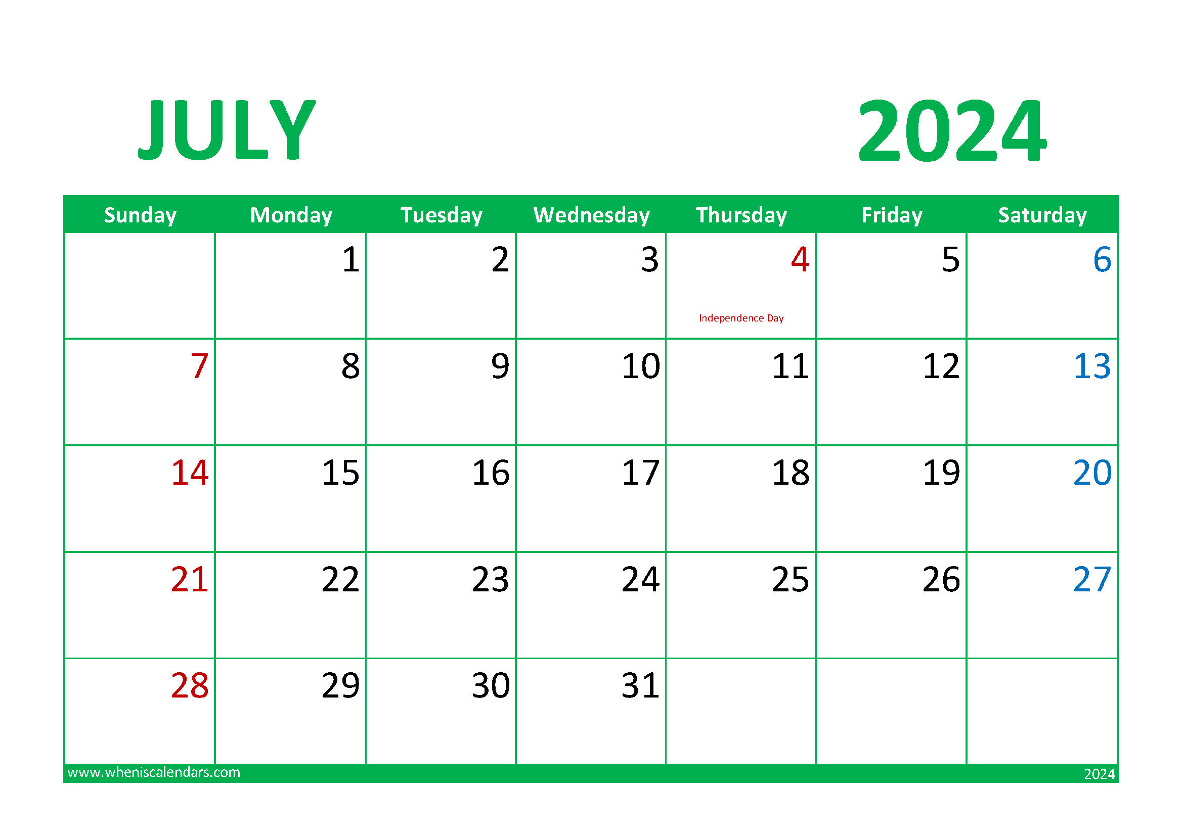July print Calendar 2024 Monthly Calendar