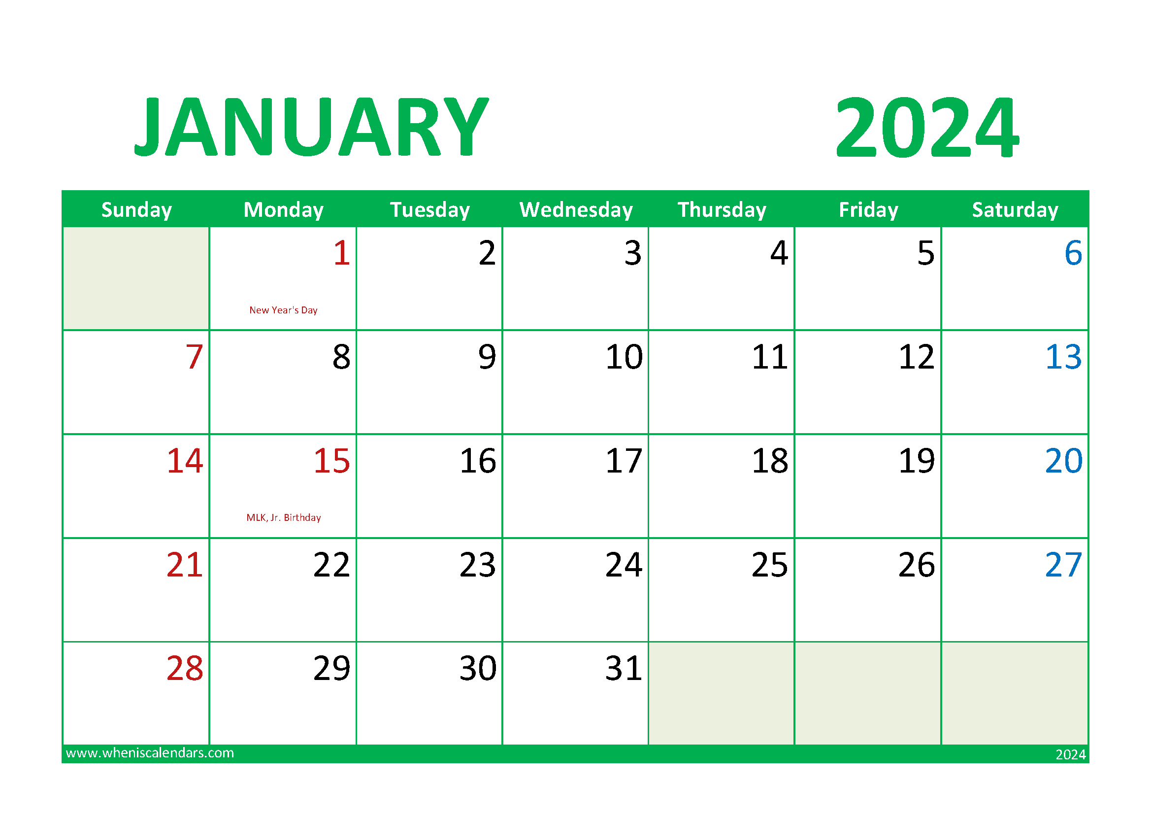 January 2024 Calendar Free Printable J14018