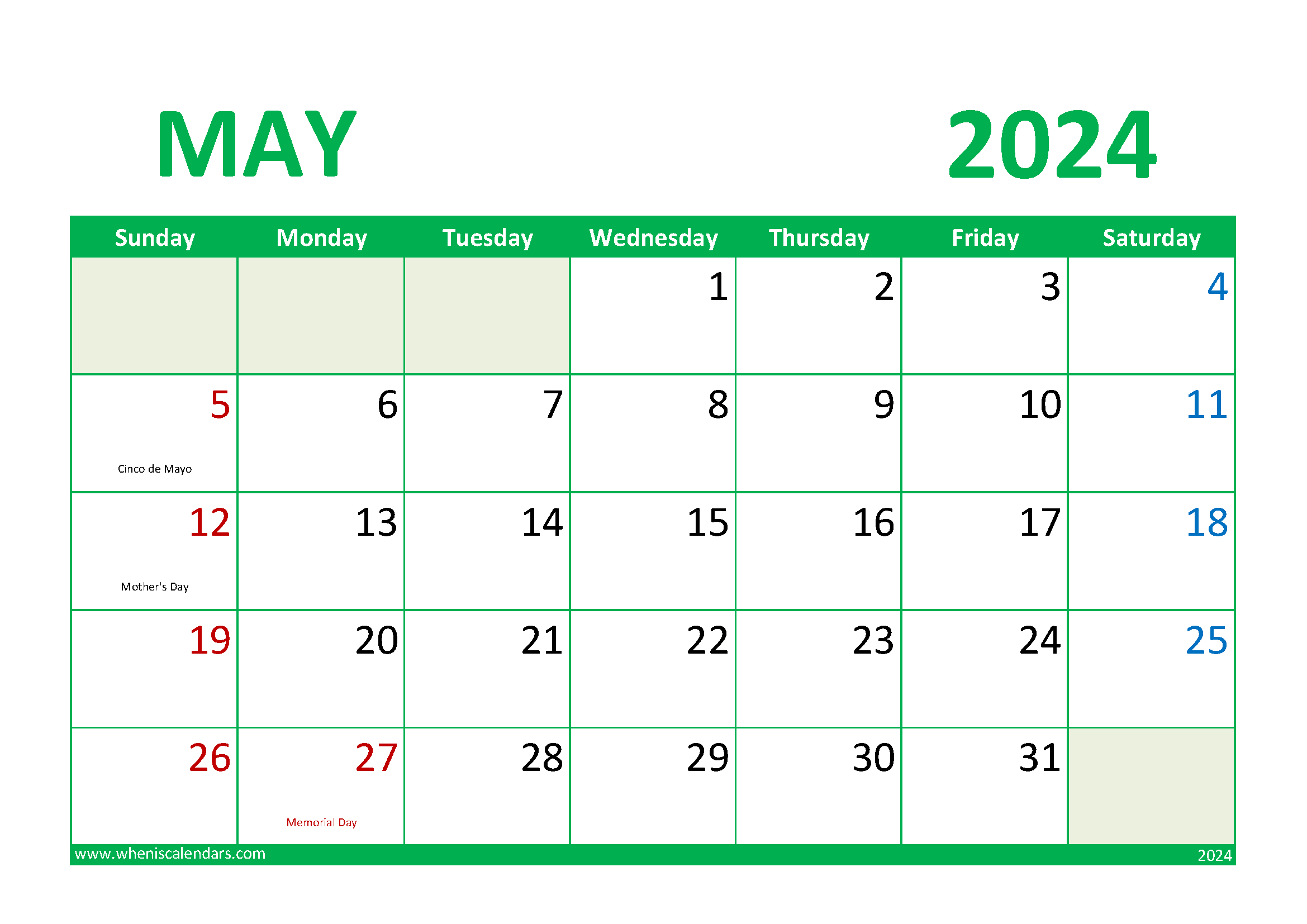 May 2024 Calendar Free printable M54018