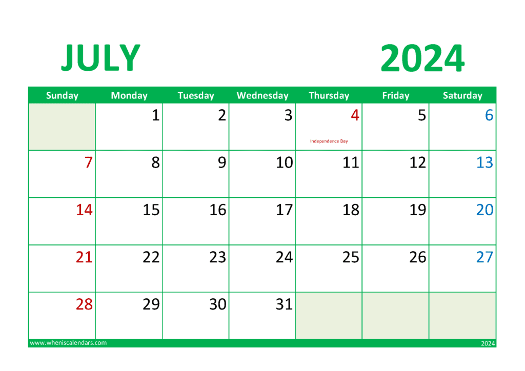 Download Free Printable July 2024 Calendars A4 Horizontal J74298