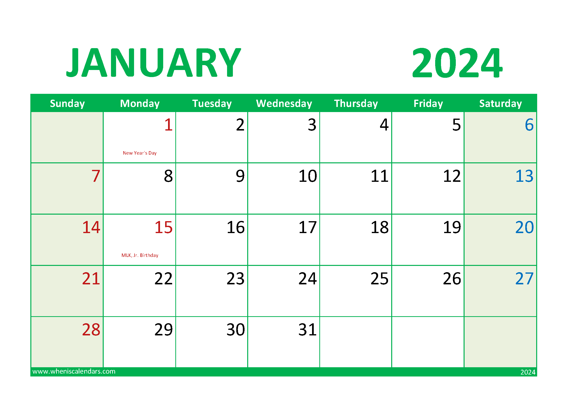 January 2024 Calendar excel download Monthly Calendar