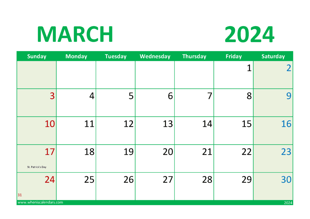 Download March 2024 Calendar excel download A4 Horizontal M34299