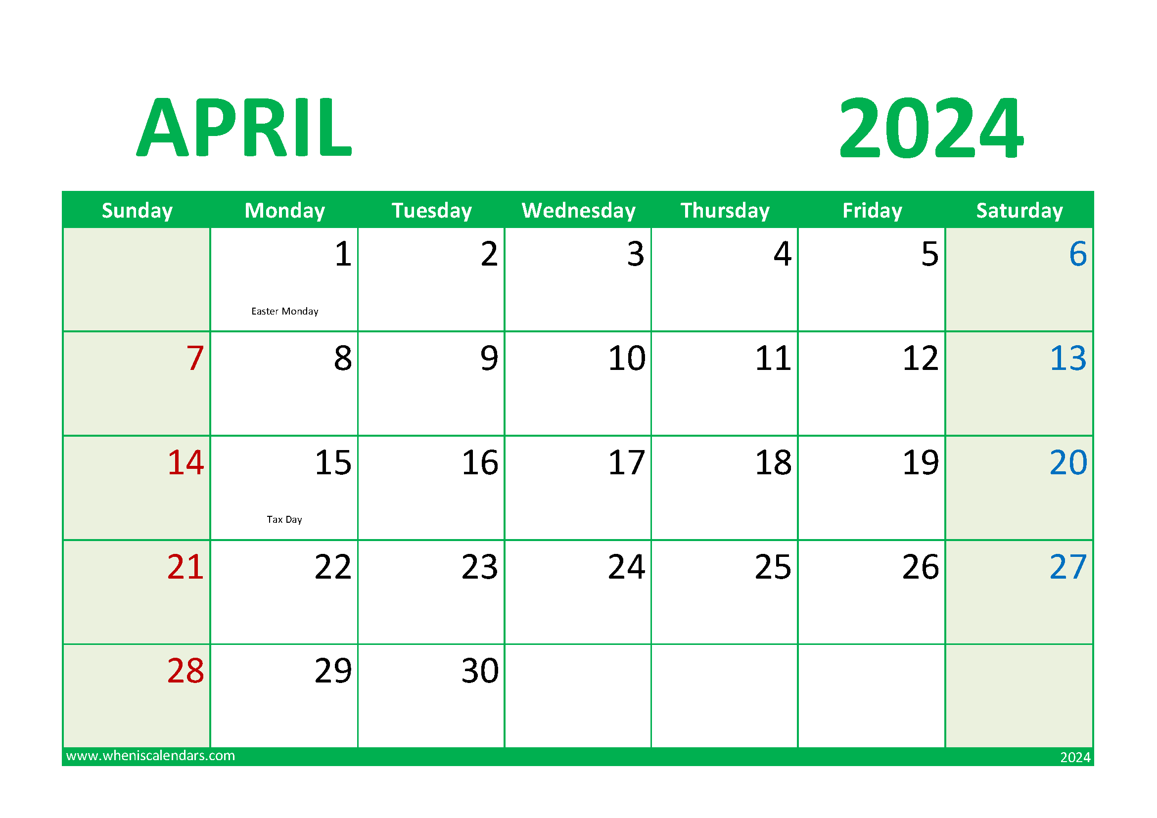 April 2024 Calendar excel download Monthly Calendar