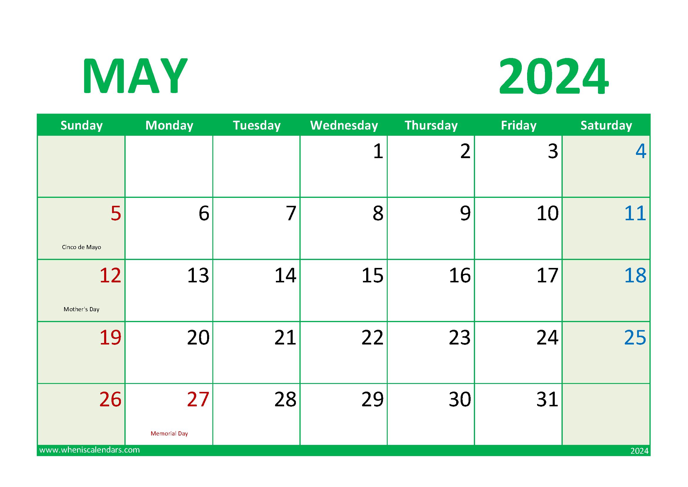 May 2024 Calendar excel download Monthly Calendar