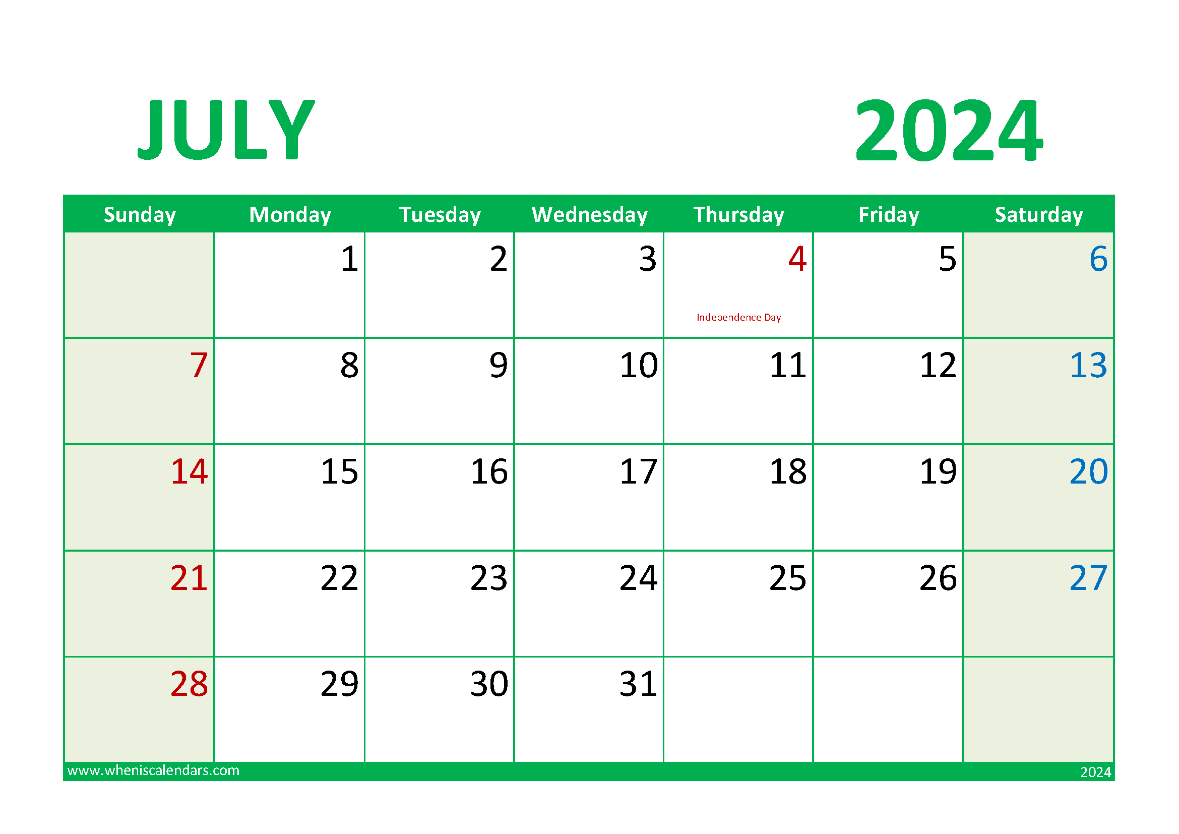 July 2024 Calendar excel download Monthly Calendar